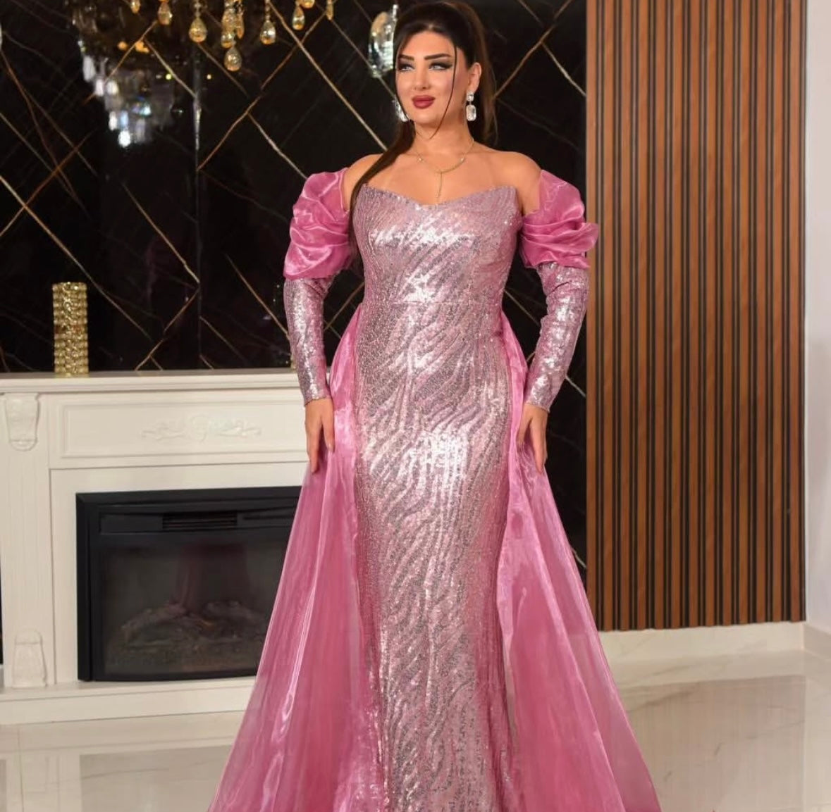 Layali Rose – Sequin Gown with Dramatic Velvet Sleeves