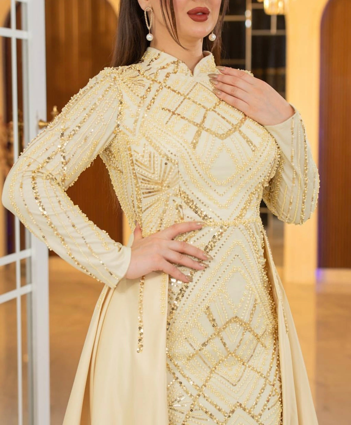 Malikat Al-Noor – Golden Embellished Gown with Regal Train
