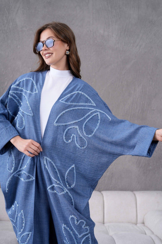 Denim Leaf Embroidery Kimono Set