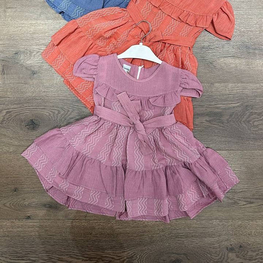 Girls Zigzag Tiered Dress with Belt