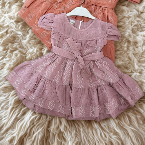 Girls Zigzag Tiered Dress with Belt