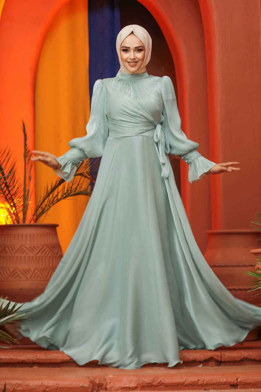 Modest Almond Green Evening Dress
