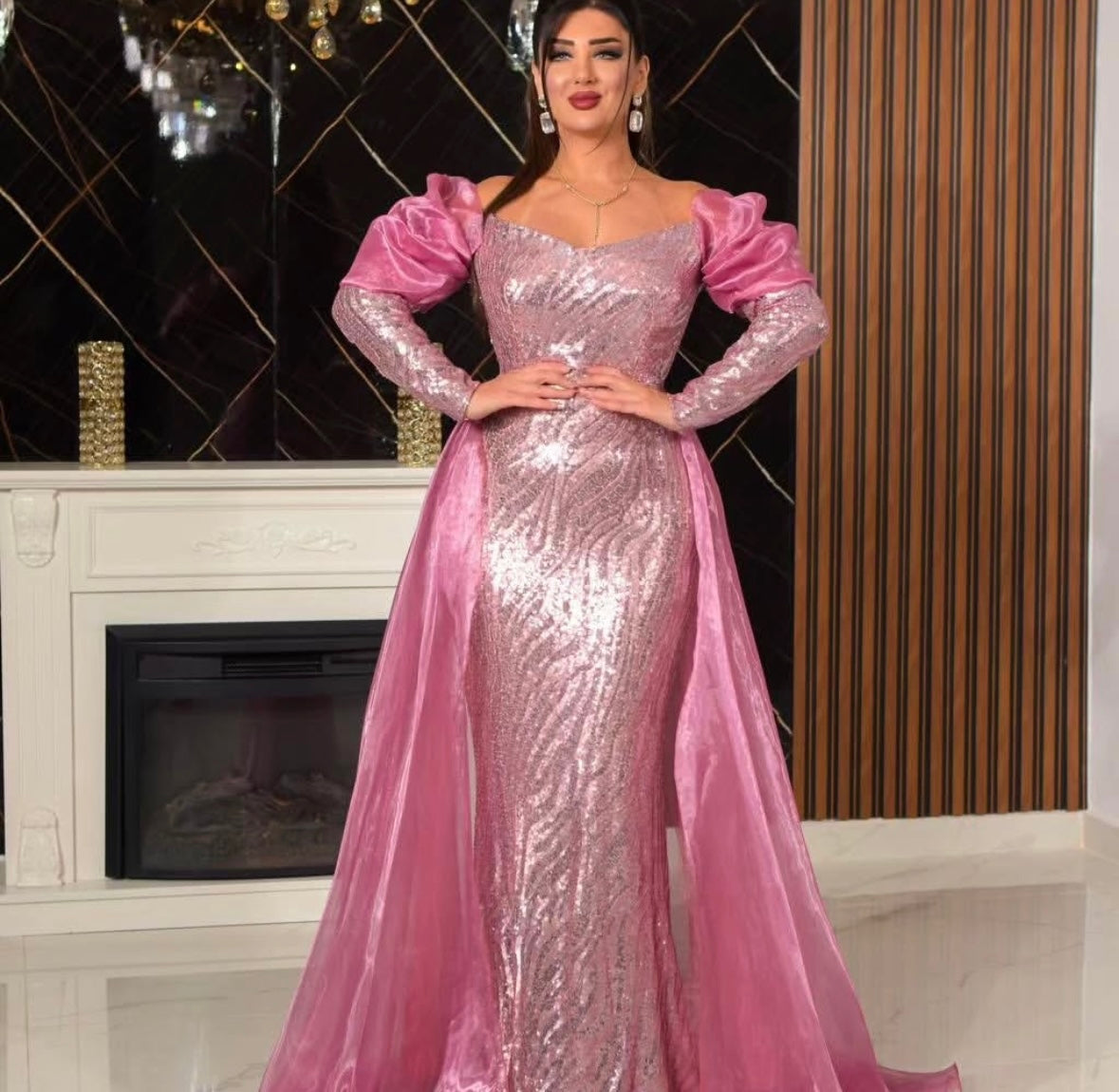 Layali Rose – Sequin Gown with Dramatic Velvet Sleeves