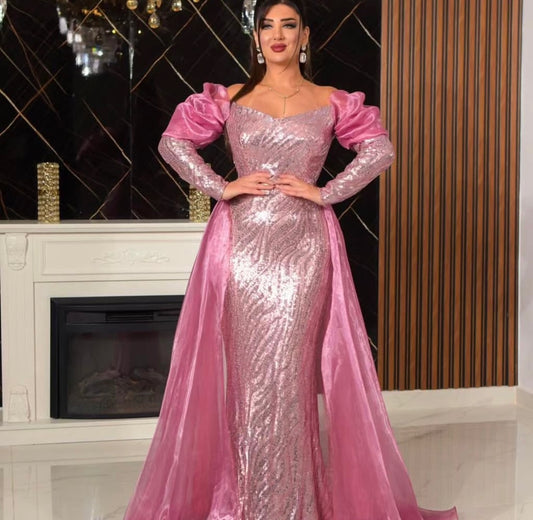 Layali Rose – Sequin Gown with Dramatic Velvet Sleeves