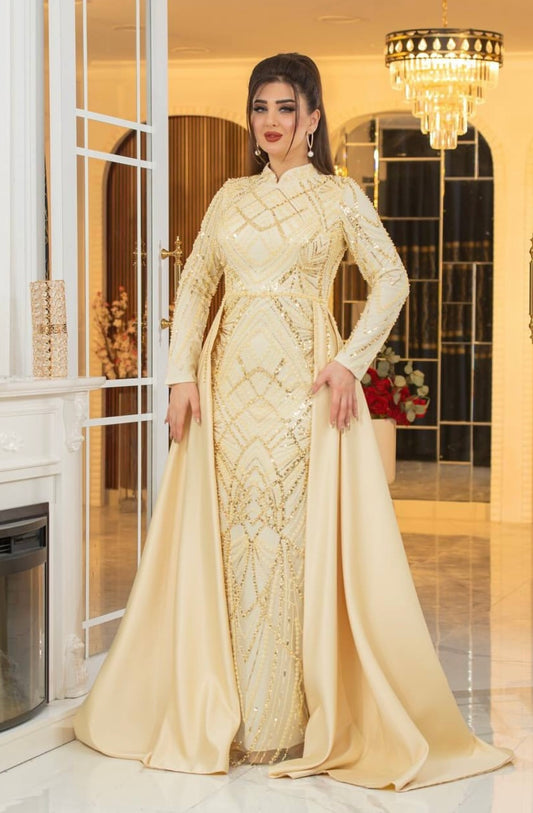 Malikat Al-Noor – Golden Embellished Gown with Regal Train