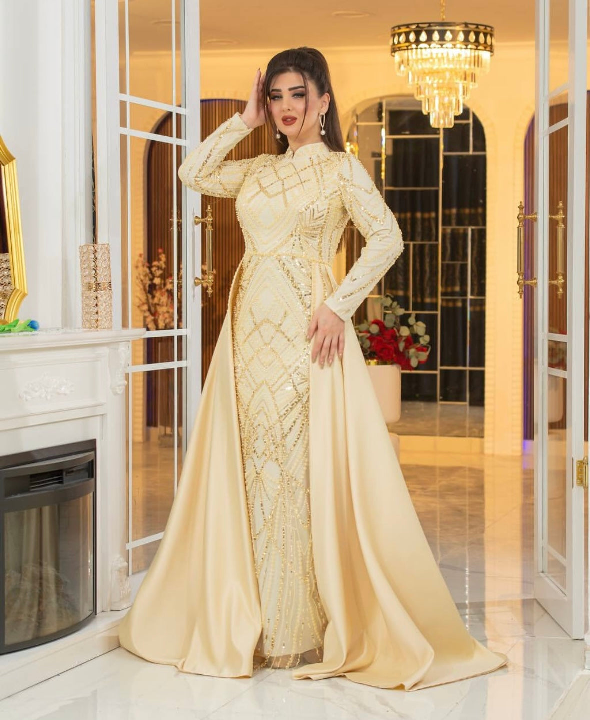 Malikat Al-Noor – Golden Embellished Gown with Regal Train