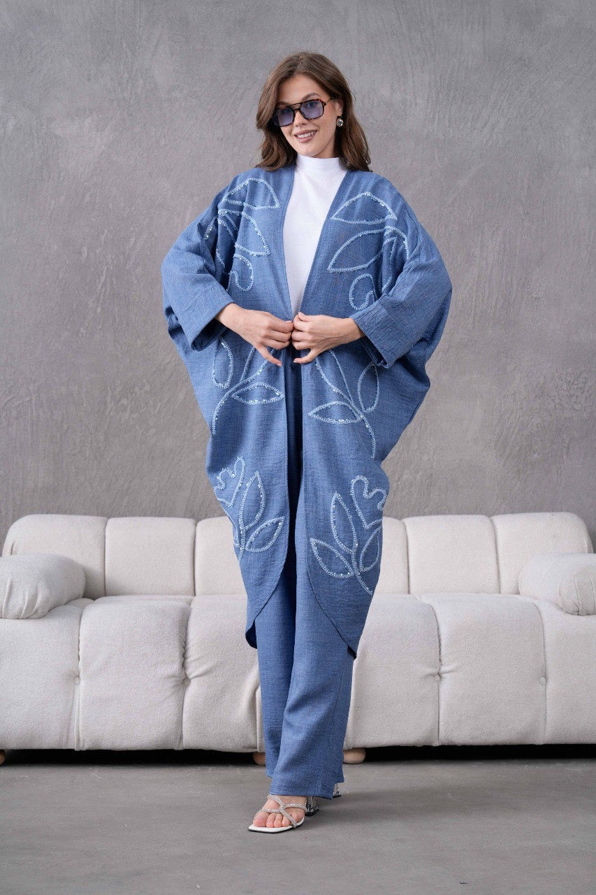 Denim Leaf Embroidery Kimono Set