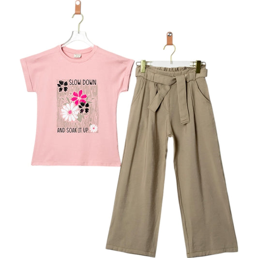 Girls Floral Top and Wide-Leg Pants Set