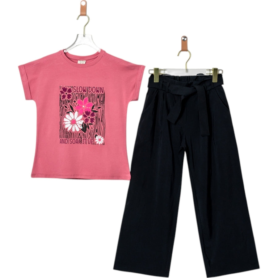 Girls Floral Top and Wide-Leg Pants Set