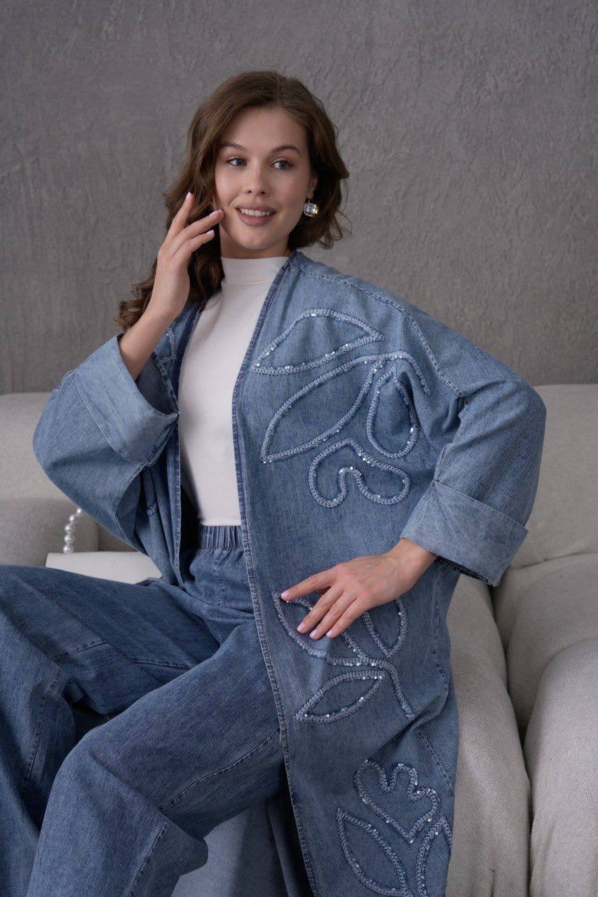 Denim Leaf Embroidery Kimono Set