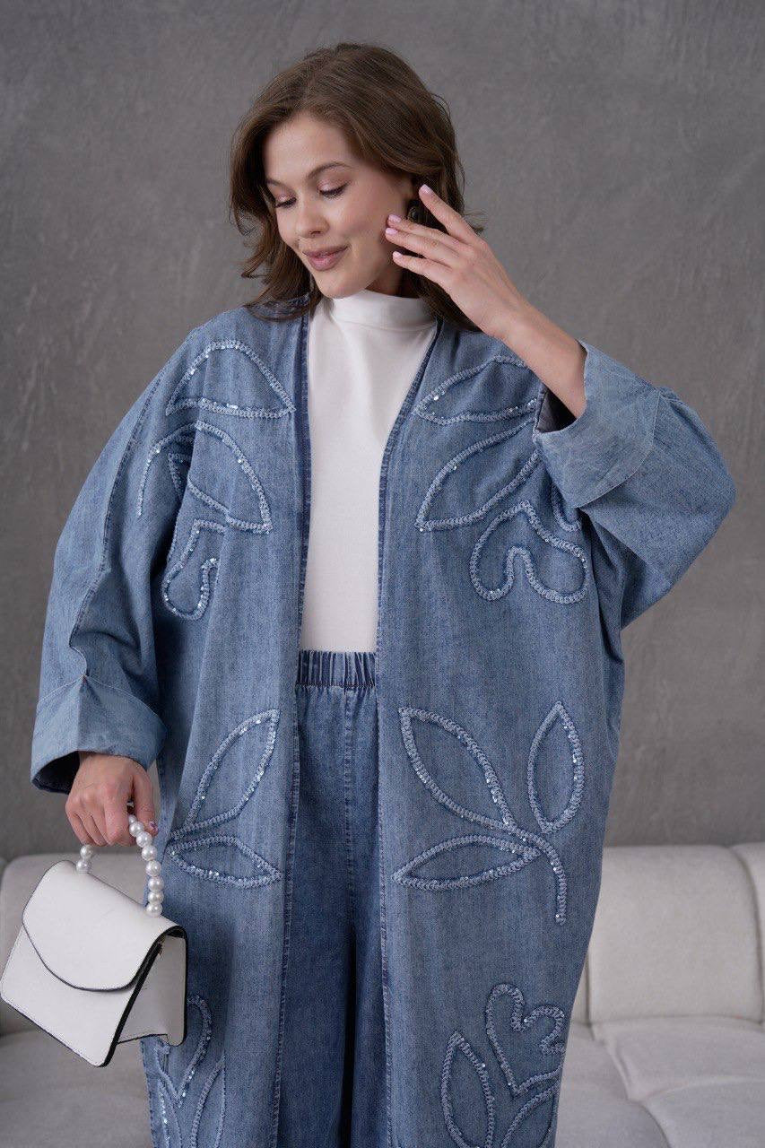 Denim Leaf Embroidery Kimono Set