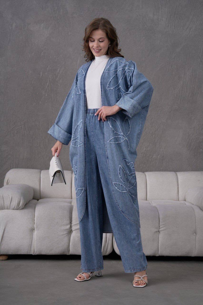 Denim Leaf Embroidery Kimono Set