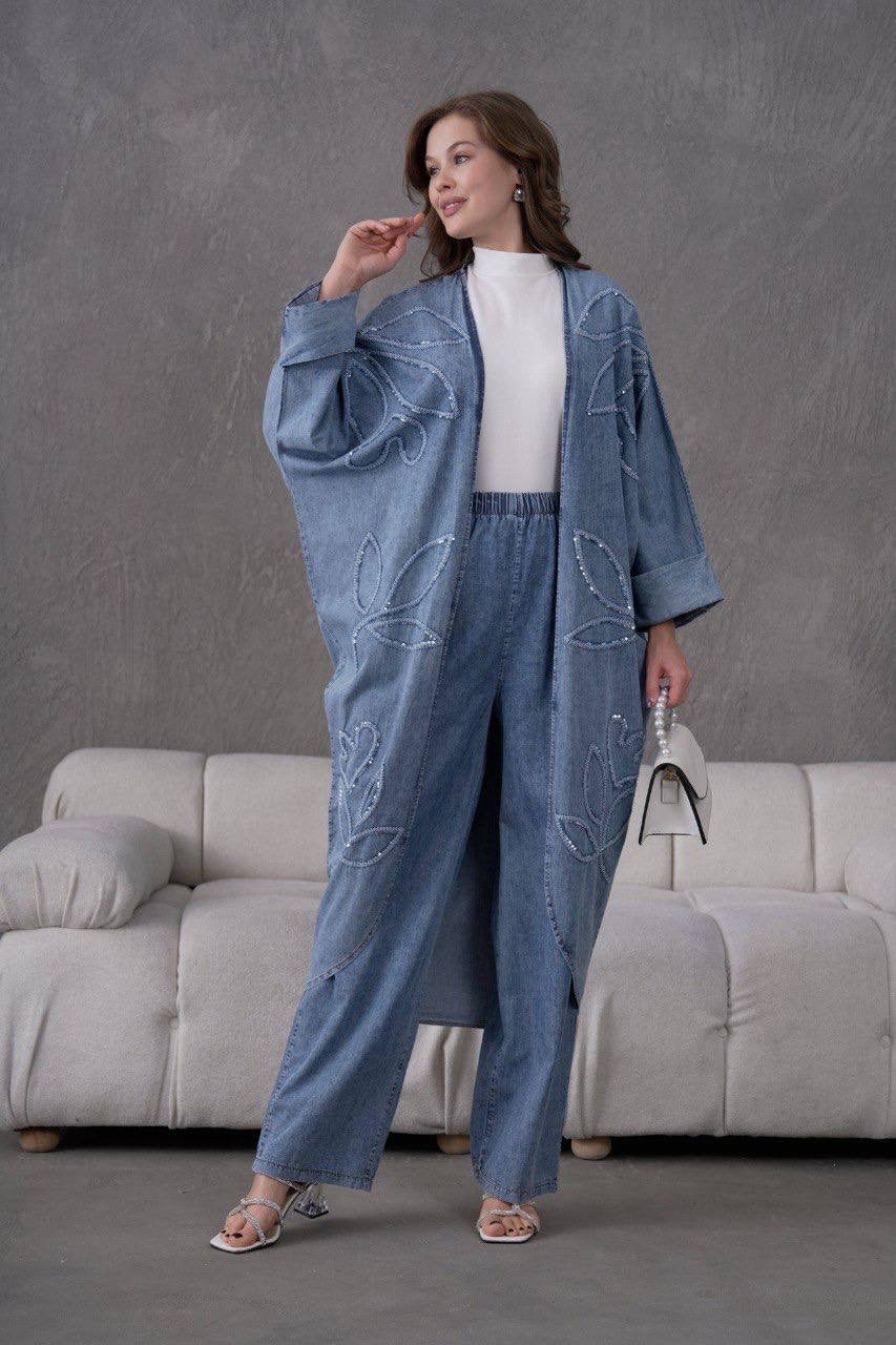 Denim Leaf Embroidery Kimono Set