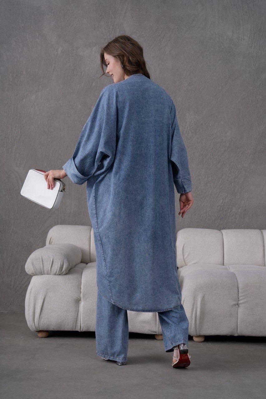 Denim Leaf Embroidery Kimono Set