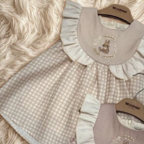 Light Beige Gingham Bunny Dress (Sleeveless)