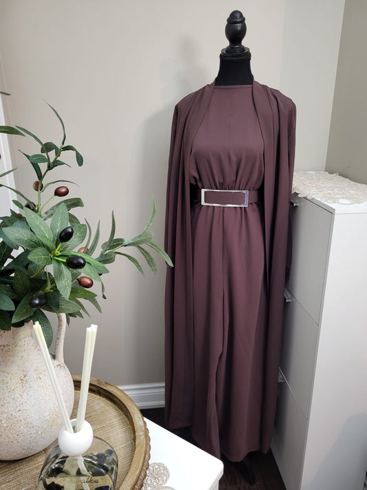 Mocha 3-Piece Jumpsuit Set with Belted Waist