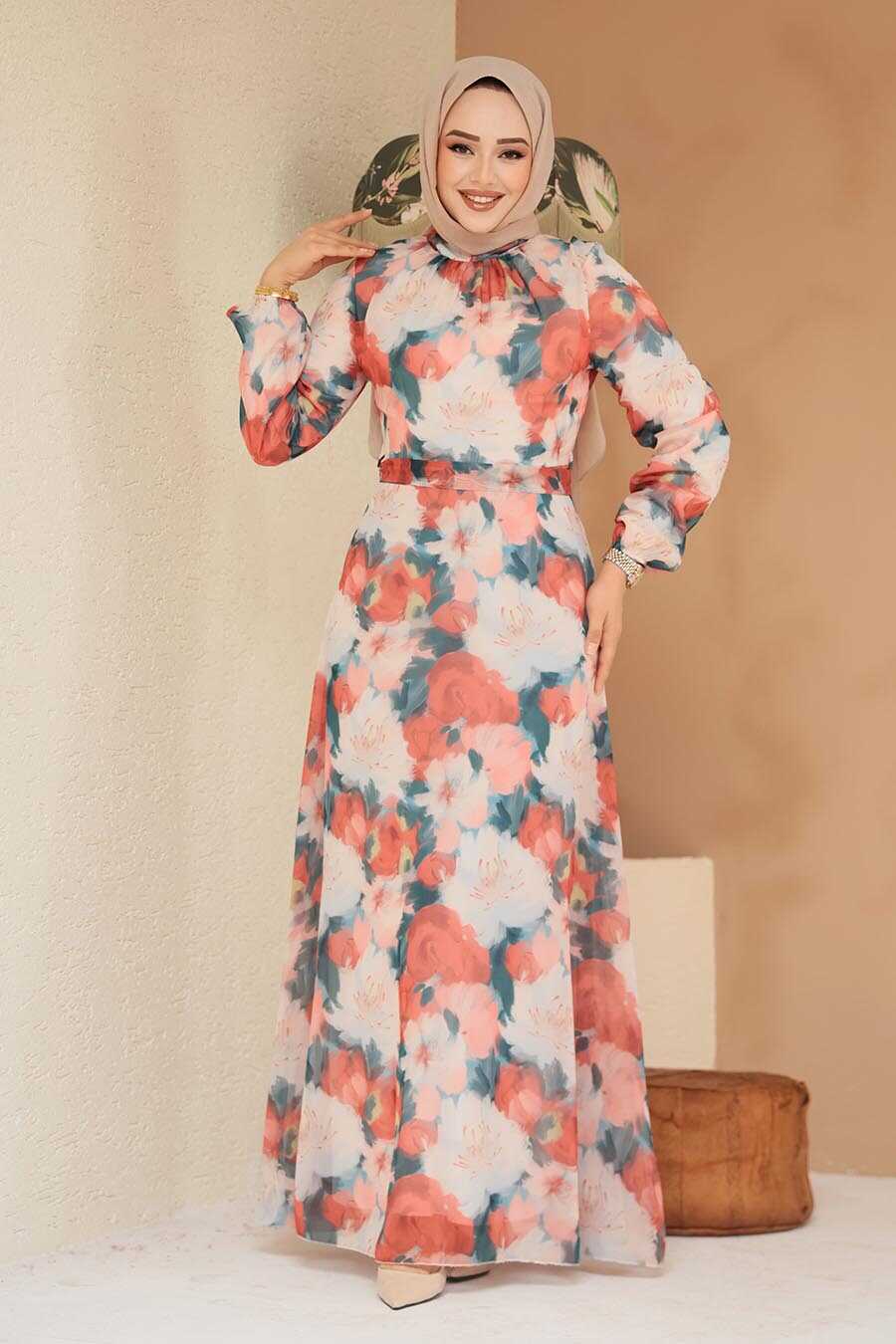 Modest Coral Floral Plus Size Dress