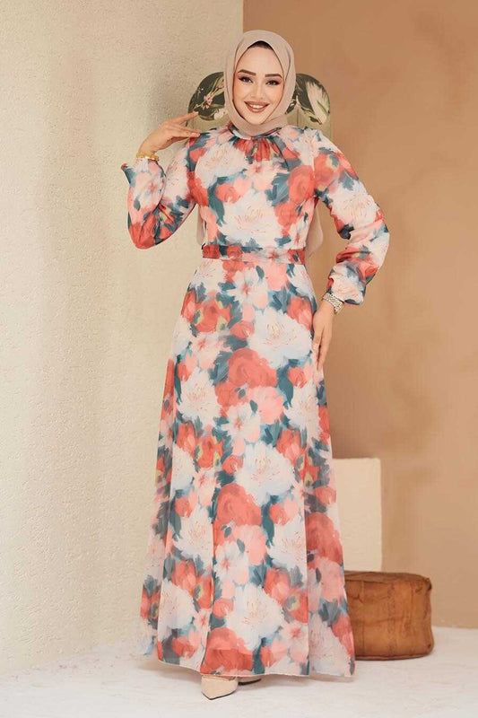 Modest Coral Floral Plus Size Dress