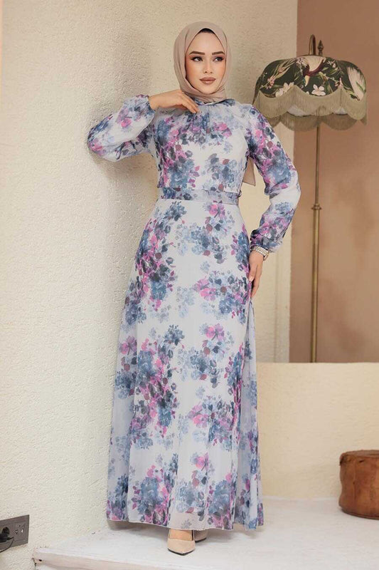 Modest İndigo Blue Floral Dress