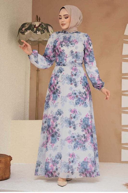 Modest İndigo Blue Floral Dress