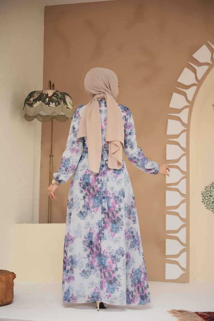 Modest İndigo Blue Floral Dress