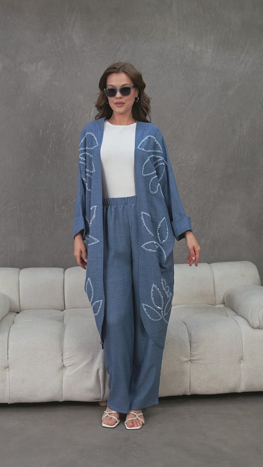 Denim Leaf Embroidery Kimono Set